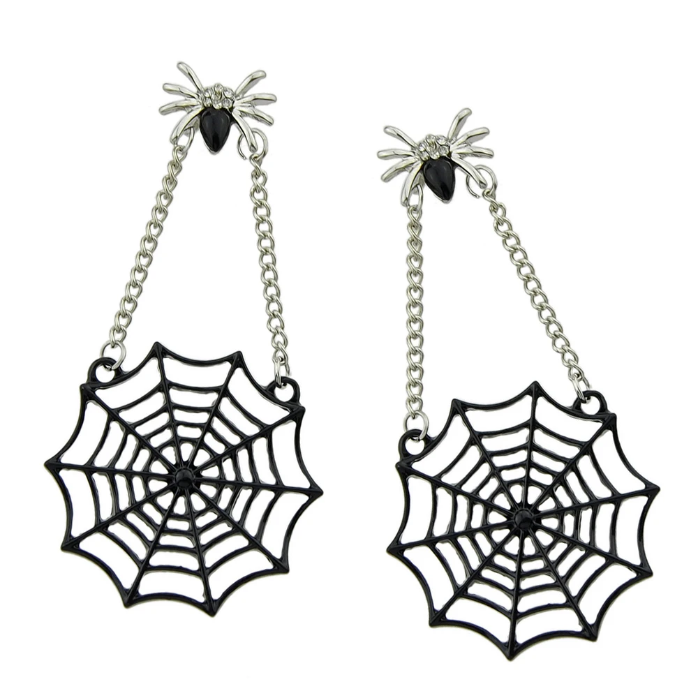 Feelontop Statement Earrings Silver Color Chain Jewelry Spide Pattern With Black SpideWeb Shape Drop For Women|chain drop earrings|chain earringsdrop