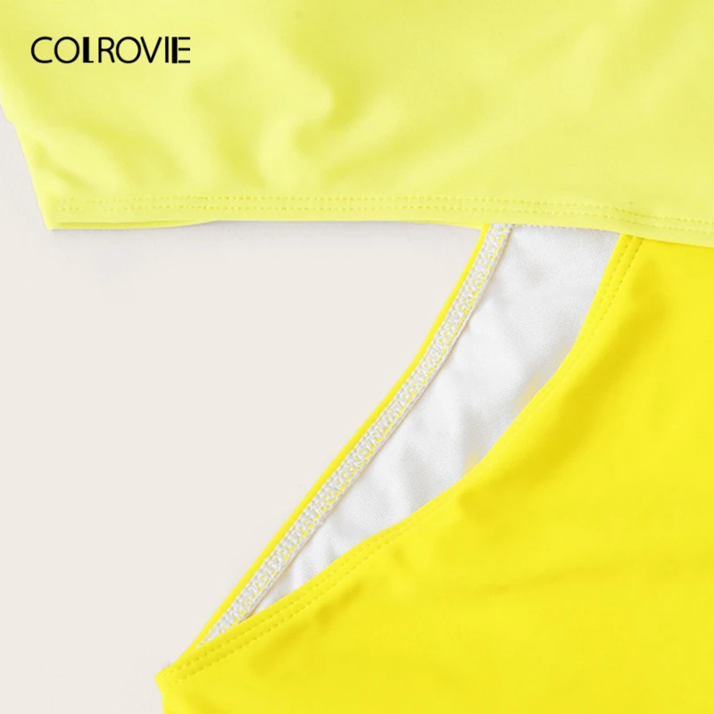 COLROVIE неоновый желтый цельный купальник на одно плечо с вырезами, женский сексуальный бикини, летний двухцветный купальник для купания, пляжная одежда