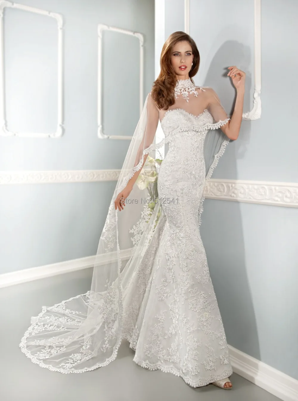 Alexzendra New Arrival Long Appliqued Lace and Tulle Shawl For Wedding Dress Beautiful Zipper Back Bridal | Свадьбы и торжества