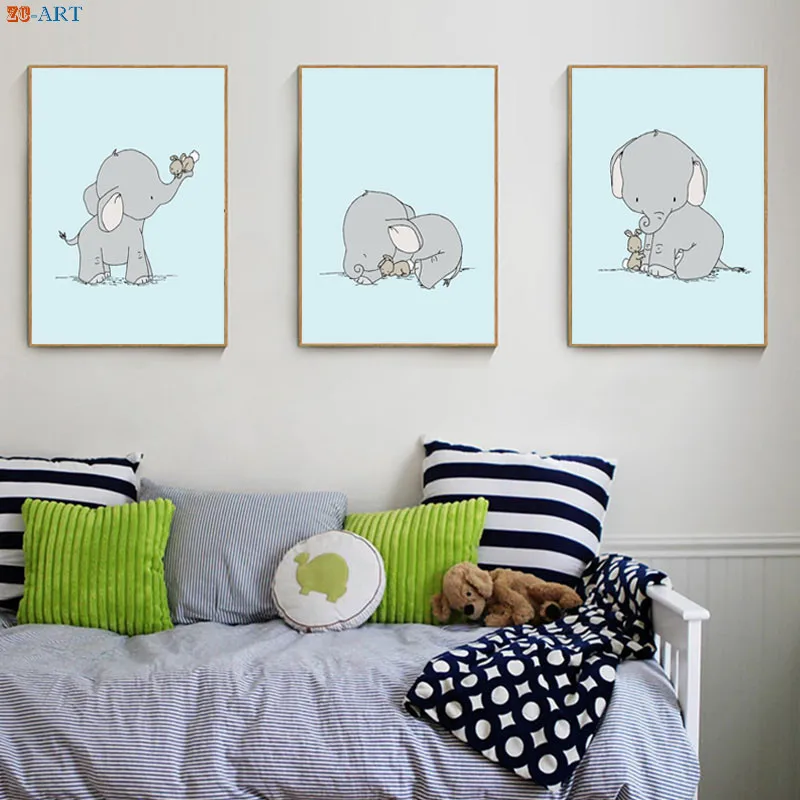 Милый слон Кролик печать мультфильм плакат холст живопись синий и серый стены