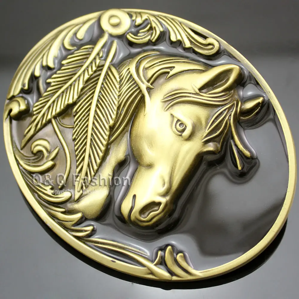 

Western Vintage Gold Belt Buckle Native 3D Horse Head Feather Rodeo