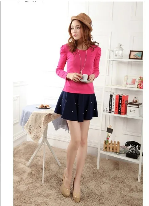 New 2014 Fashion Women's T-shirts Hot Selling Long Sleeve T Shirt Women Puff Tops Solid Print Autumn Slim Pullover 1004 | Женская