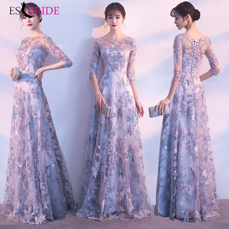 2019 New arrival Women Elegant Evening Dresses Round Collar Printing Tulle Short Sleeve Grey Casual Party Dress ES1221 | Свадьбы и