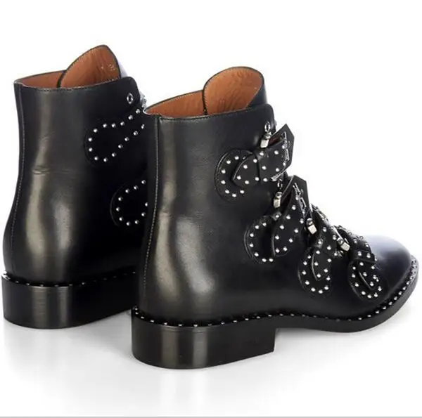 Fashion Brand Rivet Buckle Designer Bootie Female Low Heel Solid Black Leather Ankle Boot Side Zipper Women's Motorcycle Booties
