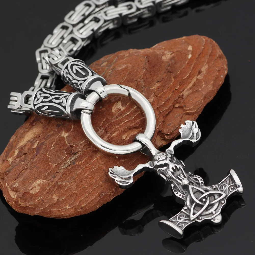 Nordic viking rune with knot thor hammer Talisman MJOLNIR pendant necklace stainless steel -king chain valknut gift bag |