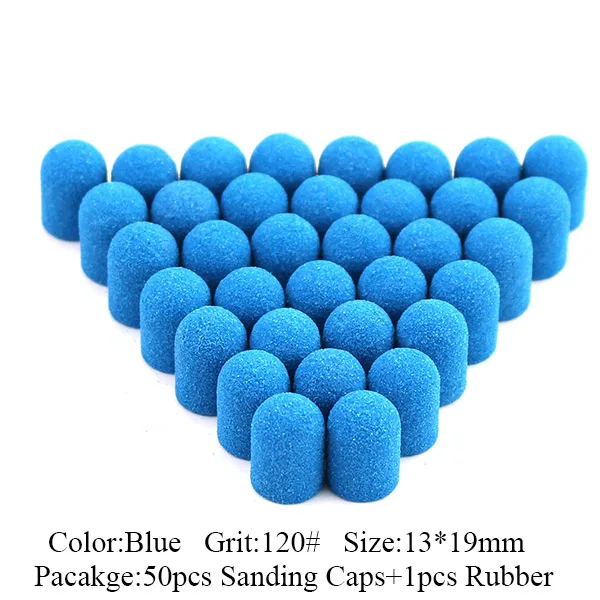 Blue-120 grit 50 шт., 13*19 мм, синие, розовые шлифовальные колпачки, Электрический фреза, роторное сверло для ногтей, резиновое сверло для маникюра, педикюра, аксессуары - Цвет: Blue-120 grit