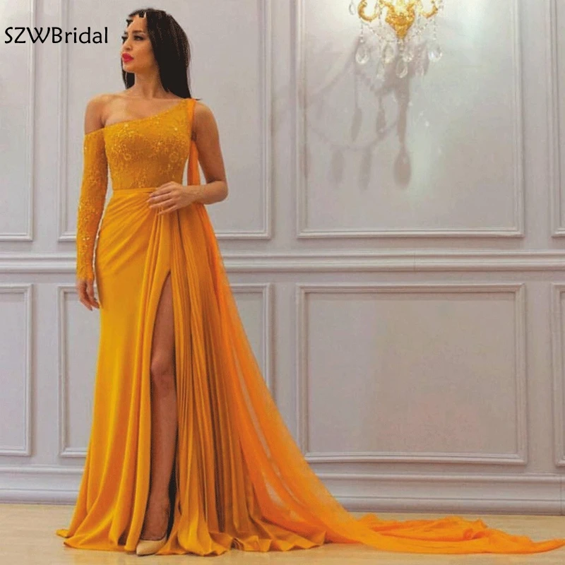 Новое поступление шифоновое платье на одно плечо с длинным рукавом вечернее es 2021