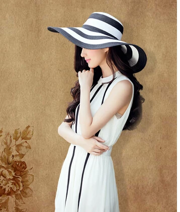 1pcs/lot summer spring korean style woman big stripe straw sun hat casual adult large brim hat