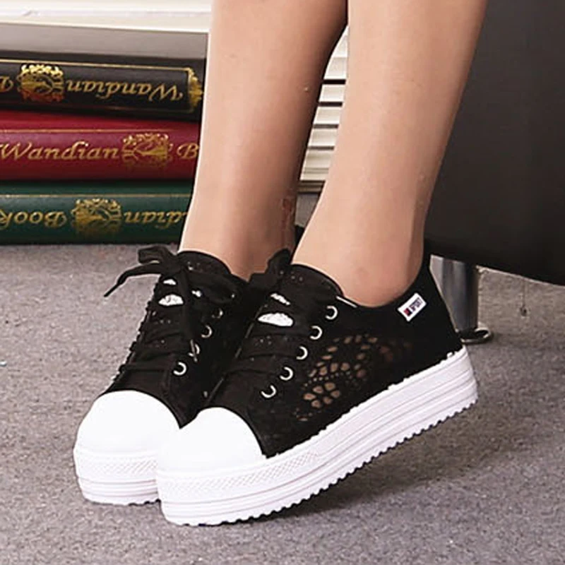 Nice Summer New Women Shoes Casual Cutouts Lace Canvas Hollow-Out Floral Breathable Platform Flat Shoe Black White | Обувь