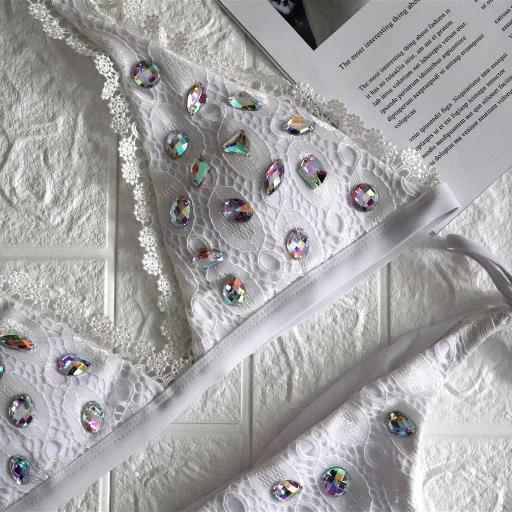 Стразы купальник женские белые однотонные С кристалалми и стразами бикини