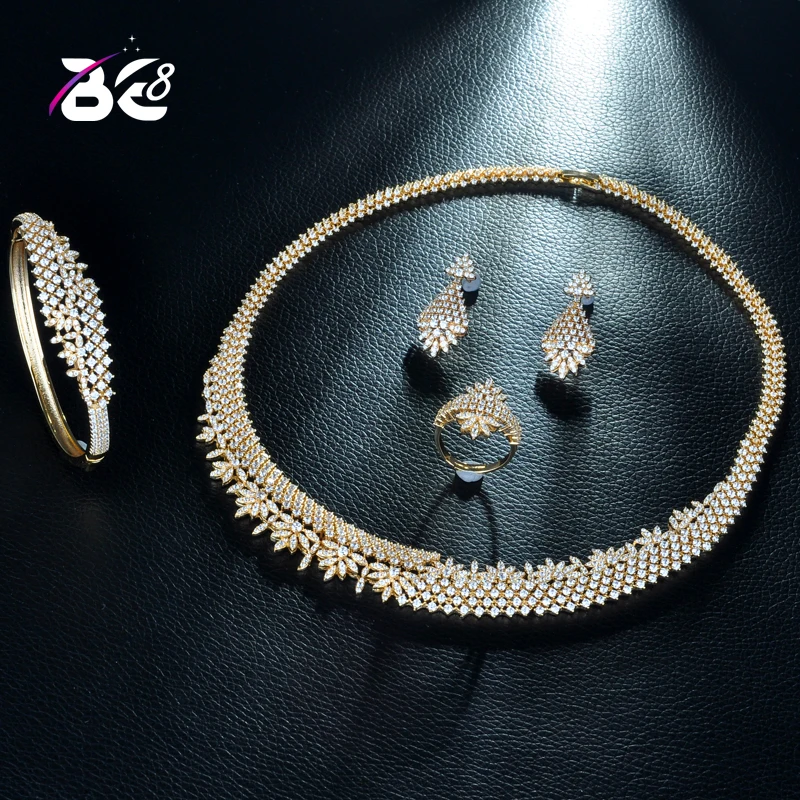 Be 8 Luxury AAA Cubic Zirconia Bride Jewelry Set Leaf Shape Gold Color African Necklace Earring Set forWomen Wedding JewelryS248