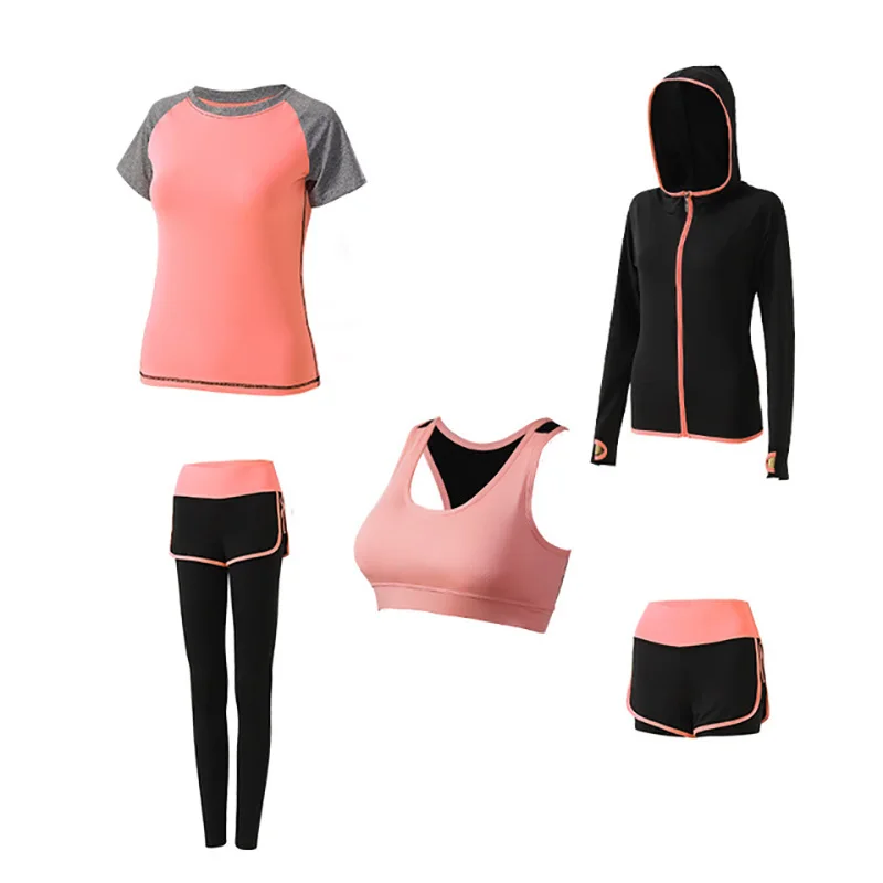 High waist orange Комплект из 5 предметов,, одежда для тренировок, быстросохнущая, впитывающая пот, дышащая, высокая талия, спортивная одежда для йоги, костюм для женщин - Цвет: High waist orange