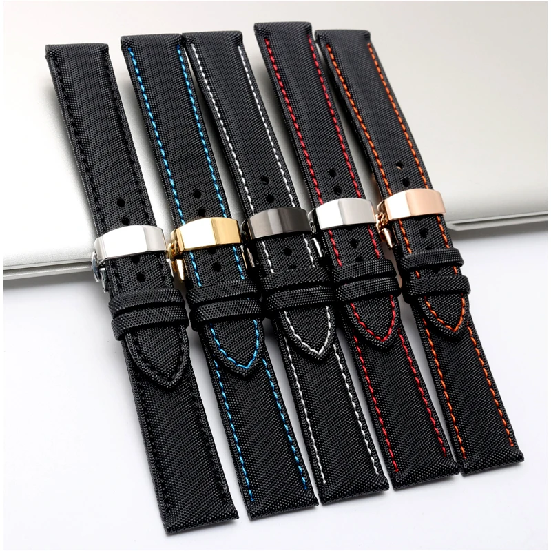 

Nylon watch bracelet bottom genuine leather watchband perlon 20 21 22 23mm wristwatches band red stitched watch strap