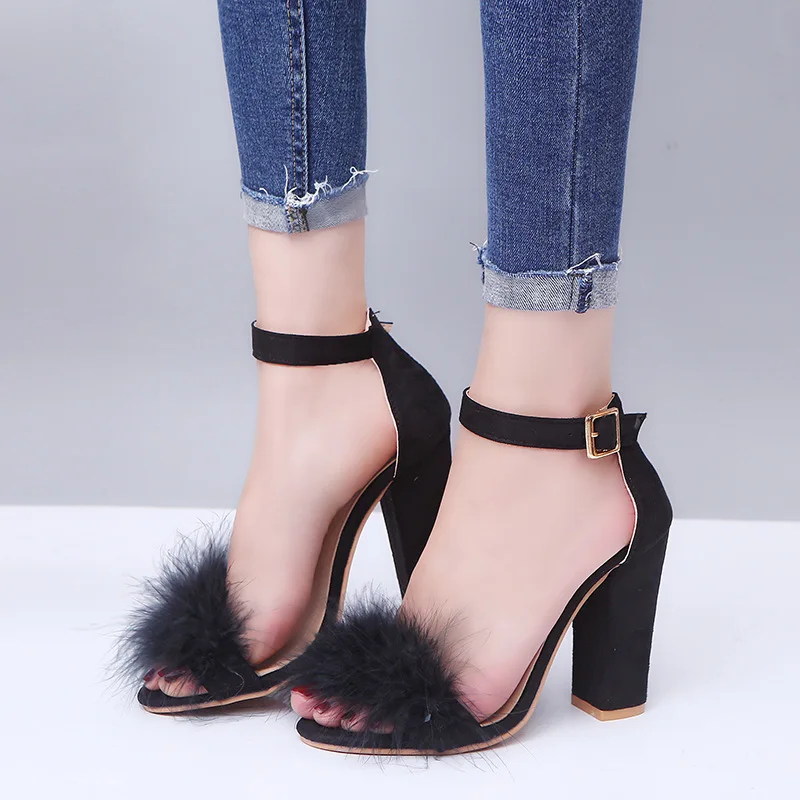 Women Sexy High Heels Shoes European American Rabbit Hair Buckle Thick Sandals Feather Platform Sandals Black Shoes Dropshipping