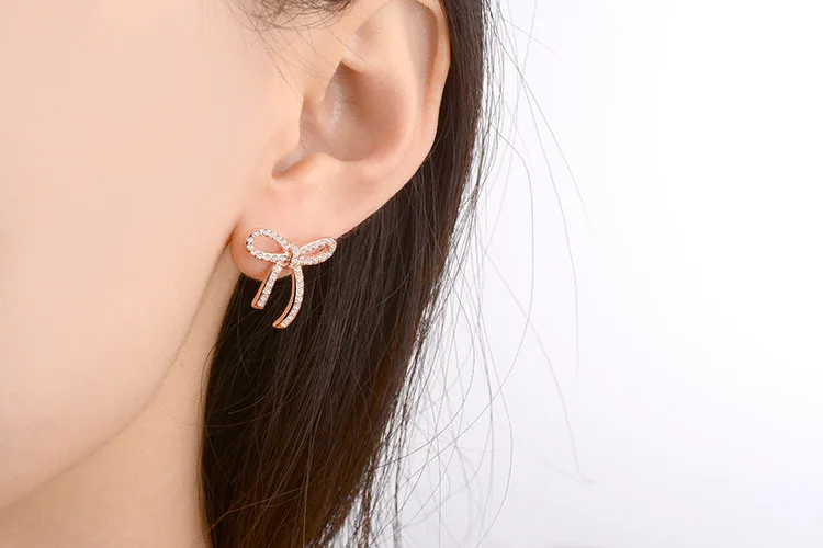 Высокое качество классический дизайн бант блестящий кристалл женское серебро 925