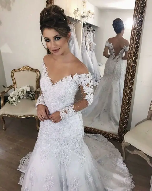 

Lace Vestido De Noiva Muslim Wedding Dresses Mermaid V-neck Long Sleeves Lace Backless Dubai Arabic Wedding Gown Bridal