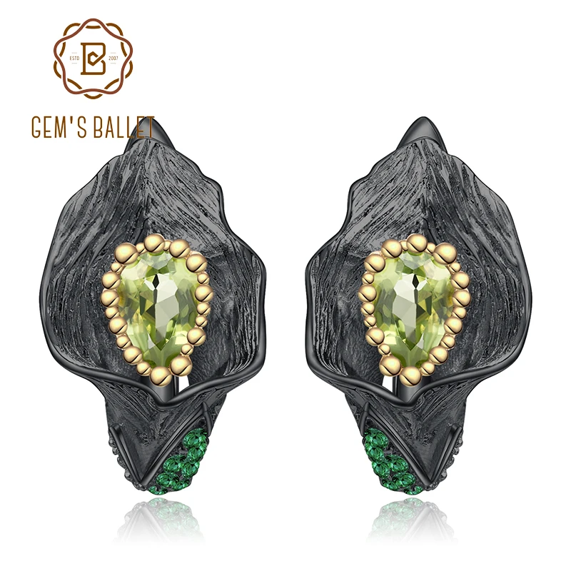 Женские серьги пусеты ручной работы GEM'S BALLET 1 57ct натуральный Перидот Калла лист