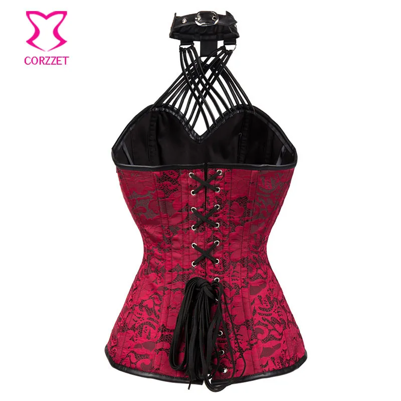Корсет черно-красный в готическом стиле на бретельках с воротником хомутиком