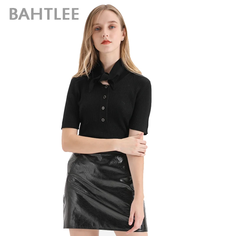 Женский трикотажный свитер с отложным воротником BAHTLEE пуловер укороченным