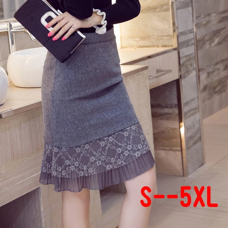 Autumn Winter Pencil Skirt Women New Arrival Pleated Lace Lap Solid Mini Skirts Office Lady Bodycon Knee Plus Size | Женская одежда
