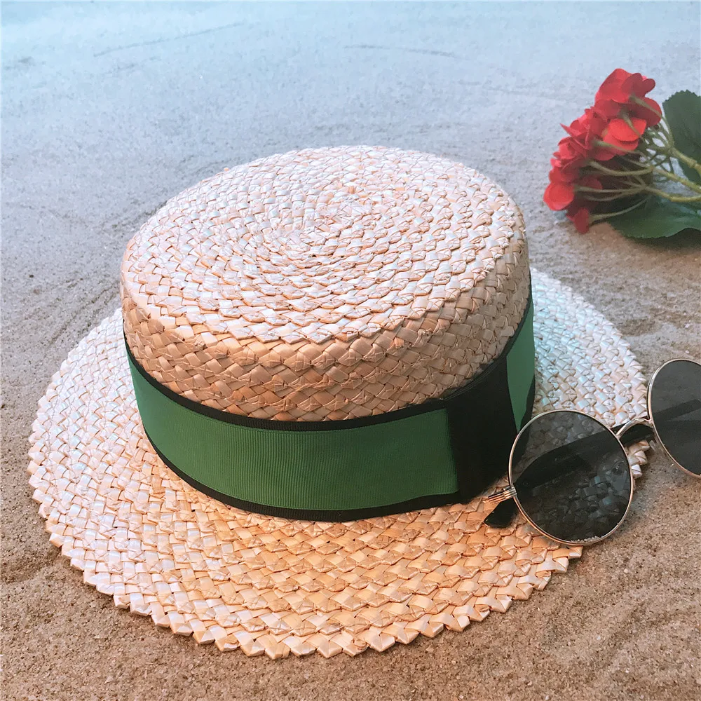 Женская соломенная шляпа из натуральной пшеницы пляжная от солнца с плоскими