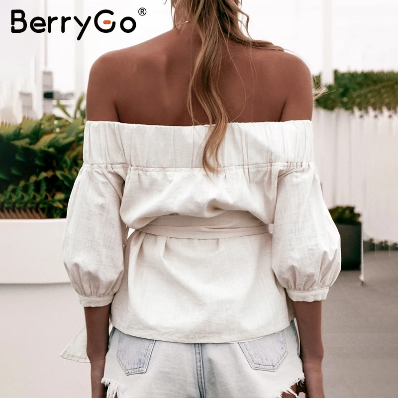 BerrygGo, женская блузка с открытыми плечами, рубашка, пуговицы для блузки, летняя, рукав-фонарик, с поясом, блузка, женская, повседневная, винтажная, топы, новинка
