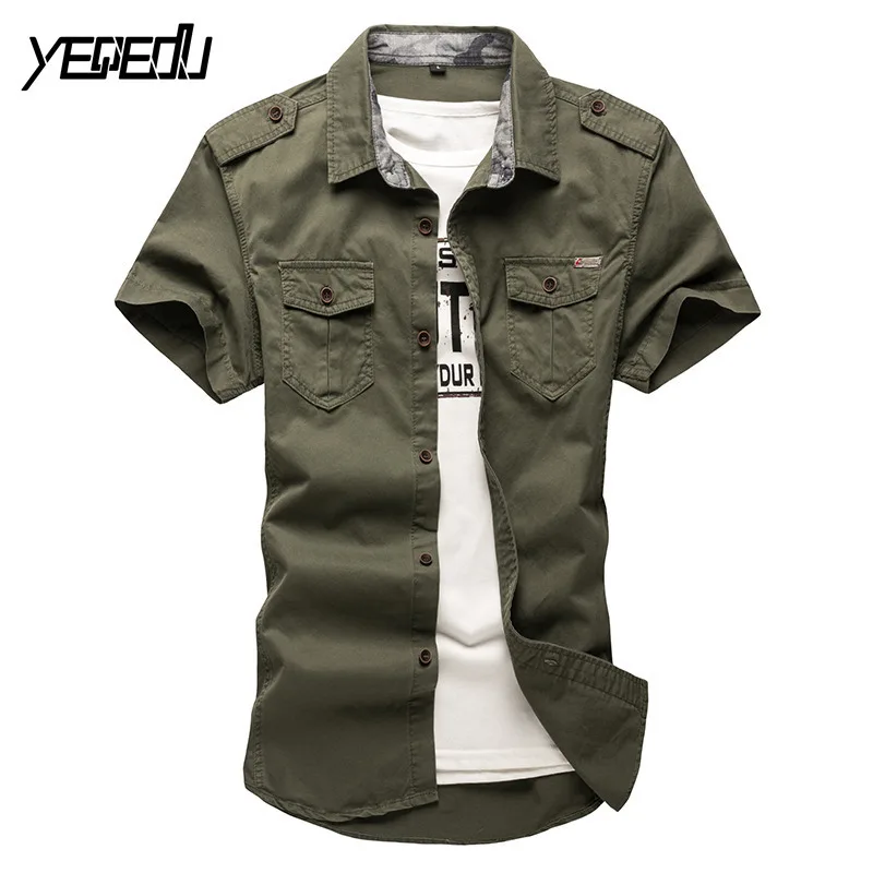 

#4702 Men Shirt Short Sleeve Fashion Cottton Summer 2021 Military Mens Shirts Khaki/Army Green Chemise Homme Mens Clothing L-5XL