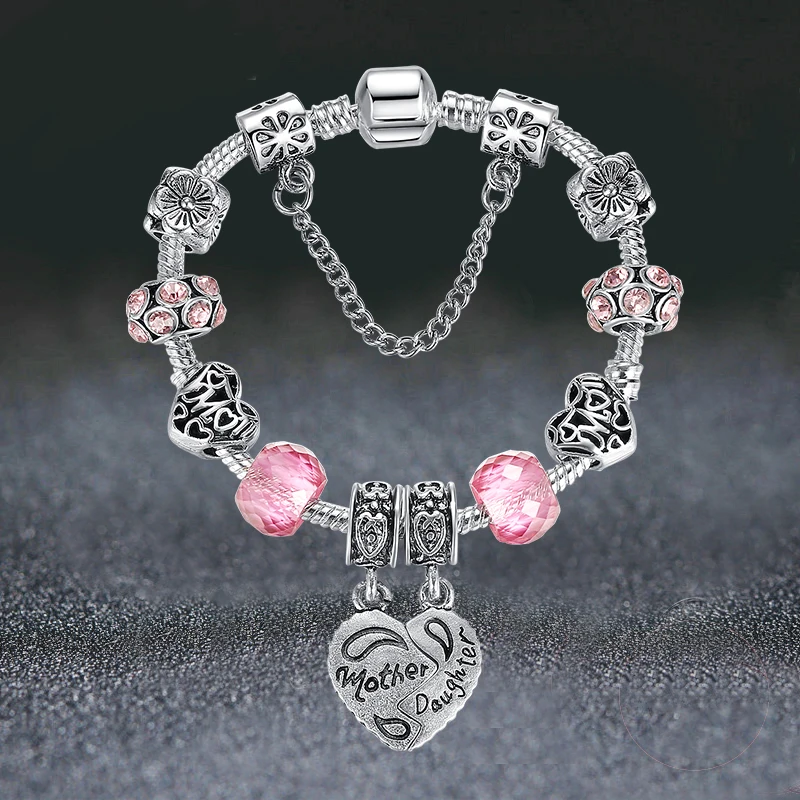 Женский браслет ELESHE серебряный в форме сердца с бусинами из муранского розового