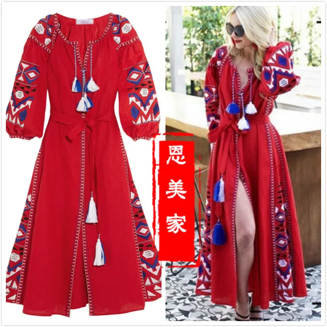 Хлопковое платье с длинными рукавами и вышивкой кисточками|long sleeve|dress with tasselsdress