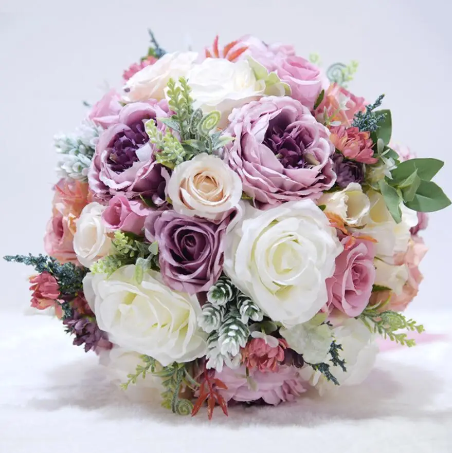 Purple AYiCuthia Romantic Bridal Flowers Wedding Bouquet With Ribbon Artificial Pink Bridal Accessories Wedding Flowers S150 - Цвет: Purple