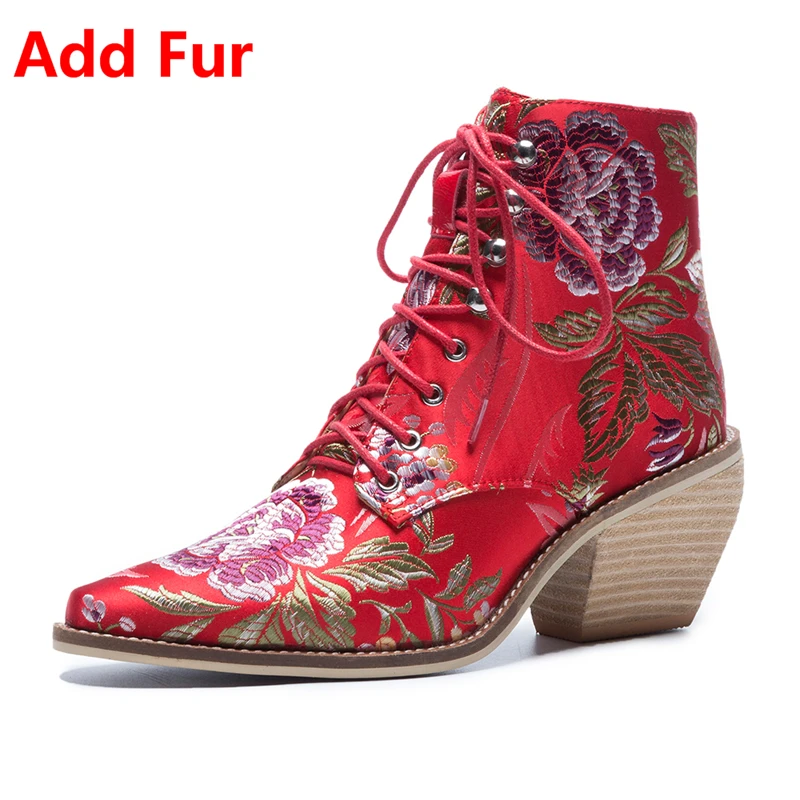 red add fur Doratasia/Коллекция, большие размеры 34-43, модные осенне-зимние сапоги, женская обувь на шнуровке, лучшее качество, женские ботильоны с вышивкой - Цвет: red add fur