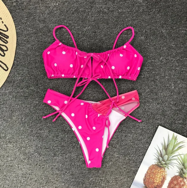 Женский купальник из двух частей летний сексуальный в горошек со шнуровкой