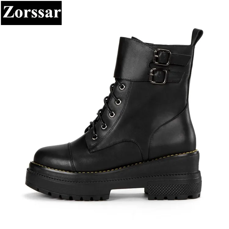 {Zorssar}/ г.; зимняя женская обувь; модные кожаные ботильоны в байкерском стиле; женские повседневные Полуботинки на платформе и высоком каблуке со шнуровкой