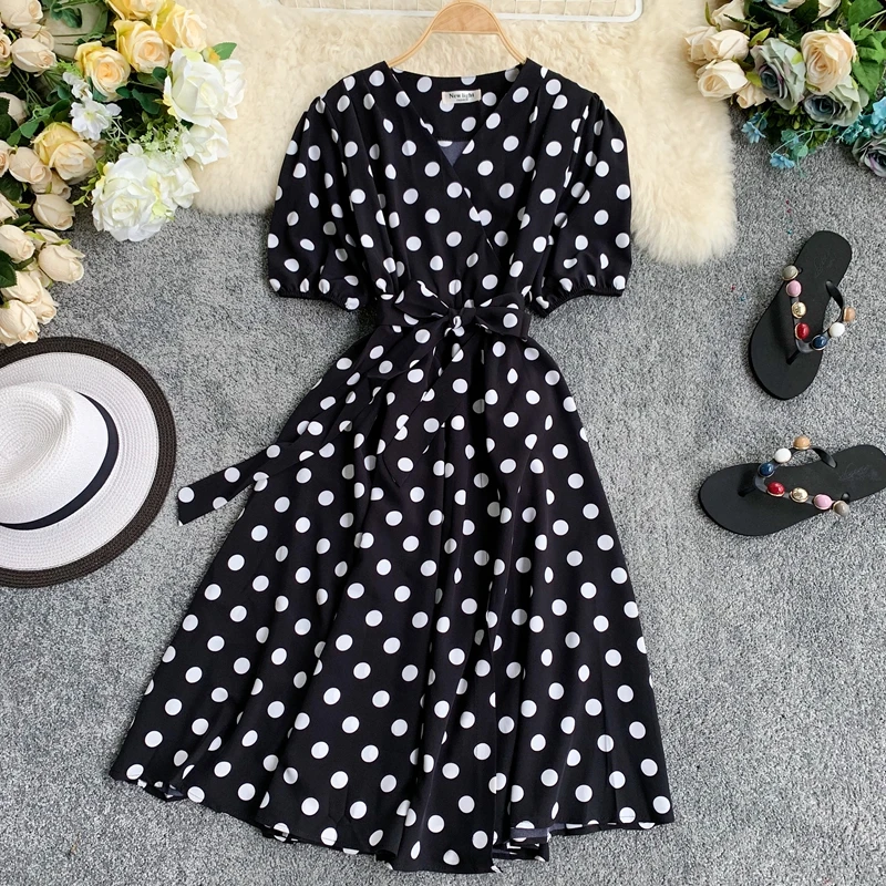 

Women Summer V-Neck Puff Sleeve Bandage Strap Sashes Belt Split Dress Lady Polka Dot Slim Waist Pullover Party Midi Chic Dresses