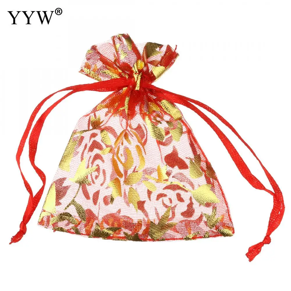 

YYW Wedding Jewelry Party Packing Bags 70x85mm Gold-accent Mixed Flower Printing Colorful Gauze Drawstring Organza Pouches Bags