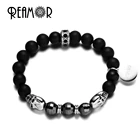 Браслеты REAMOR из черного матового оникса и гематита, из нержавеющей стали, с черепом, с логотипом бренда, стрейч, мужские ювелирные изделия