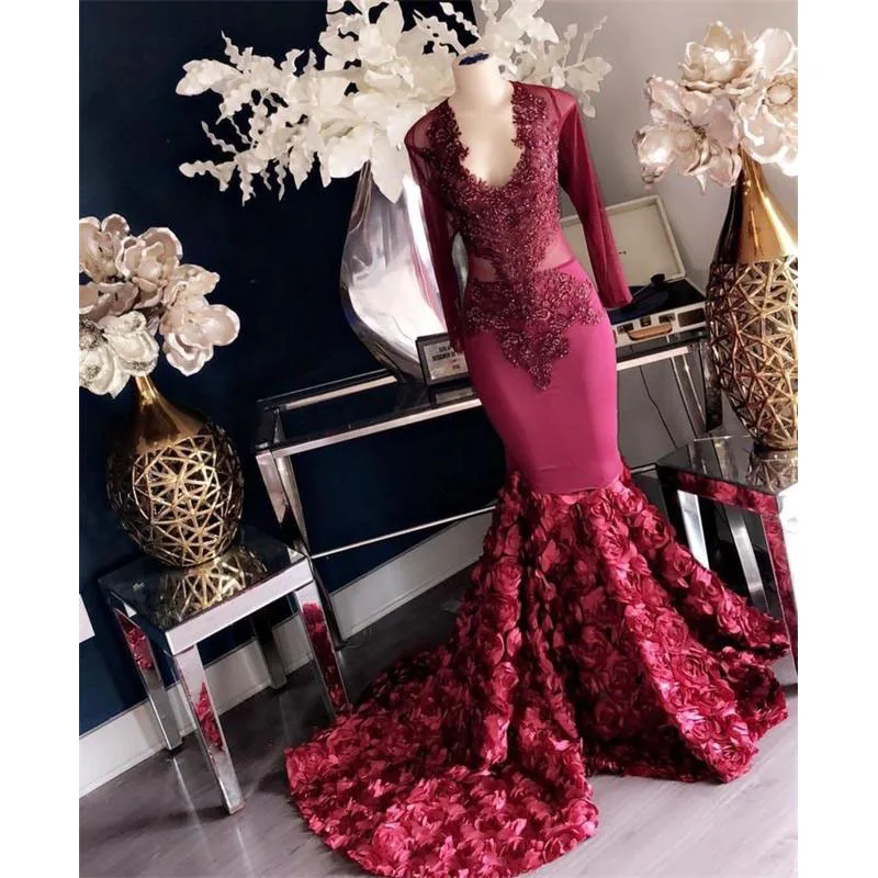 

Sexy Burgundy Mermaid Prom Dresses New Long Sleeve Sweep Strain Lace Applique Black Girl Formal Evening Dress Party Gowns
