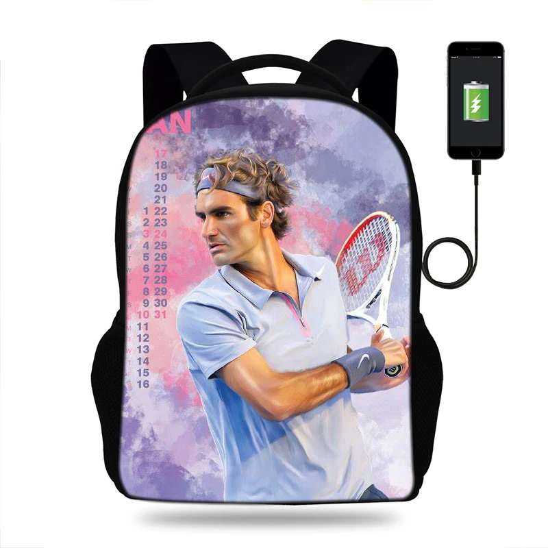 Модный принт Роджер Федерер Универсальный USB зарядка Рюкзак Мальчики Дети