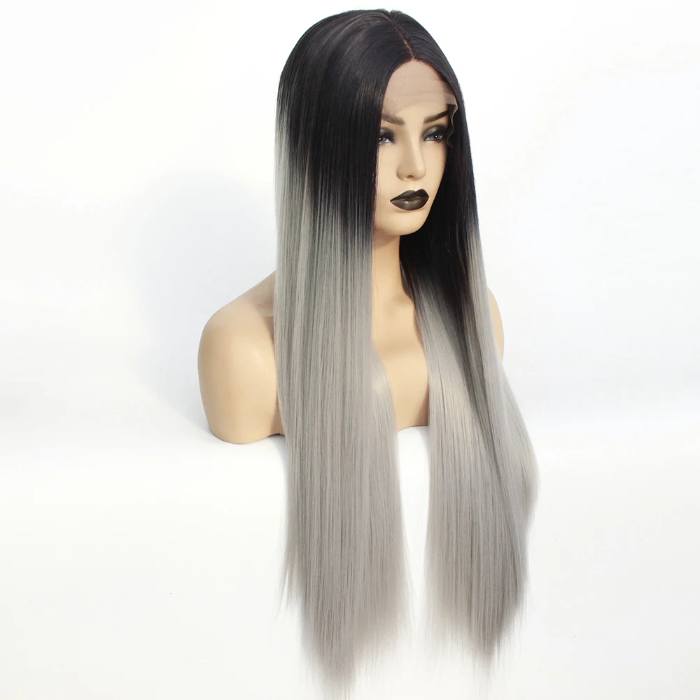 Длинные средняя часть парик с эффектом деграде(переход от темного к серый Синтетические волосы на кружеве парик для Для женщин девочек Косплэй ежедневные вечерние термостойкие полные парики прямые волосы
