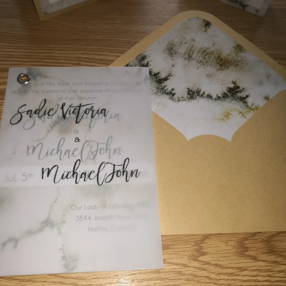

Personalized spring marble theme with vellum invitation in pin table number place card luxury set
