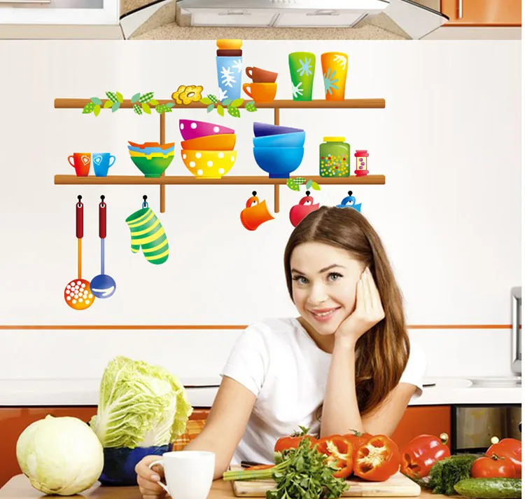 Мультяшная Милая кухонная посуда художественный Настенный декор плитка шкаф