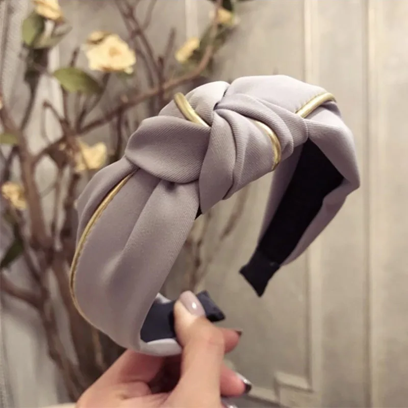 

Sale New Graceful Solid Color Cloth Knotted Headband For Women Wide Headwear Golden Side Hairband Cross Hair Accessories