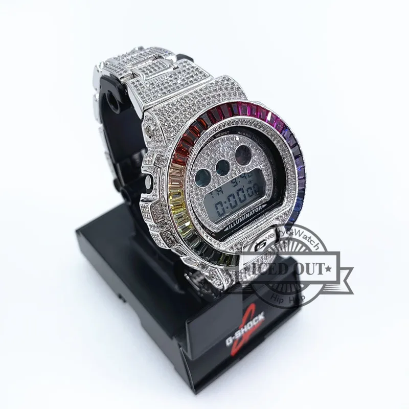 Хип хоп уличная мода посеребренный Радужный стиль g shock циферблат кнопка и