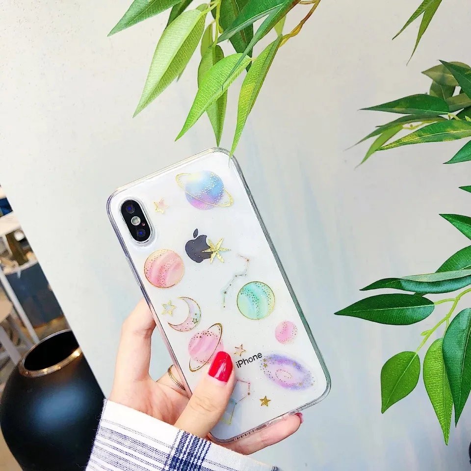 Epoxy Phone Case For iPhone XS XR Max X 5 5S 6 6S 7 8 Plus Planet Star Transparent TPU Back Cover Cases New! |