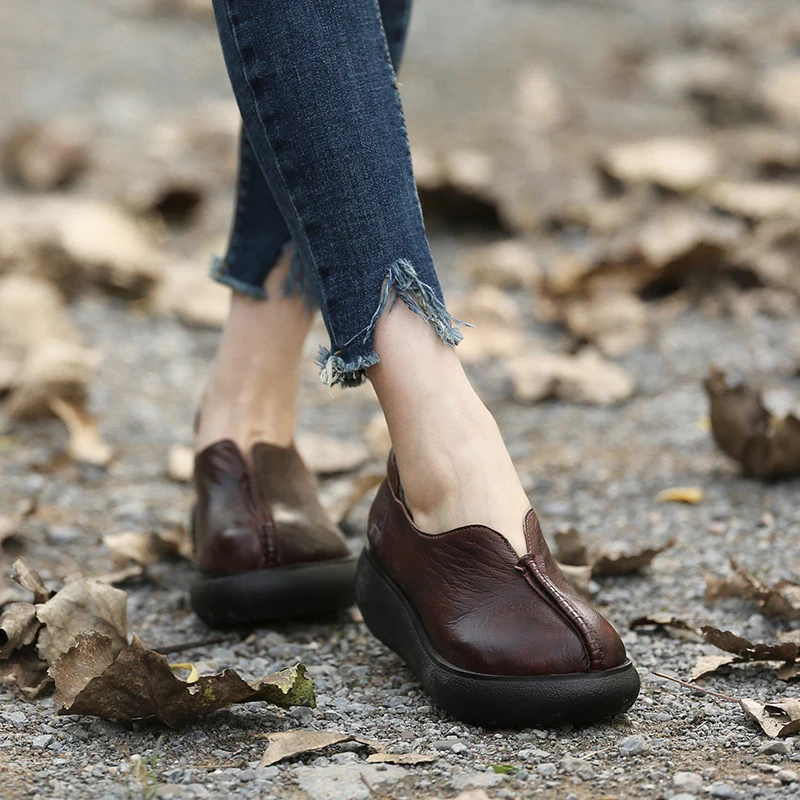 Женские туфли в стиле ретро Натуральная Воловья кожа неглубокий Носок танкетка