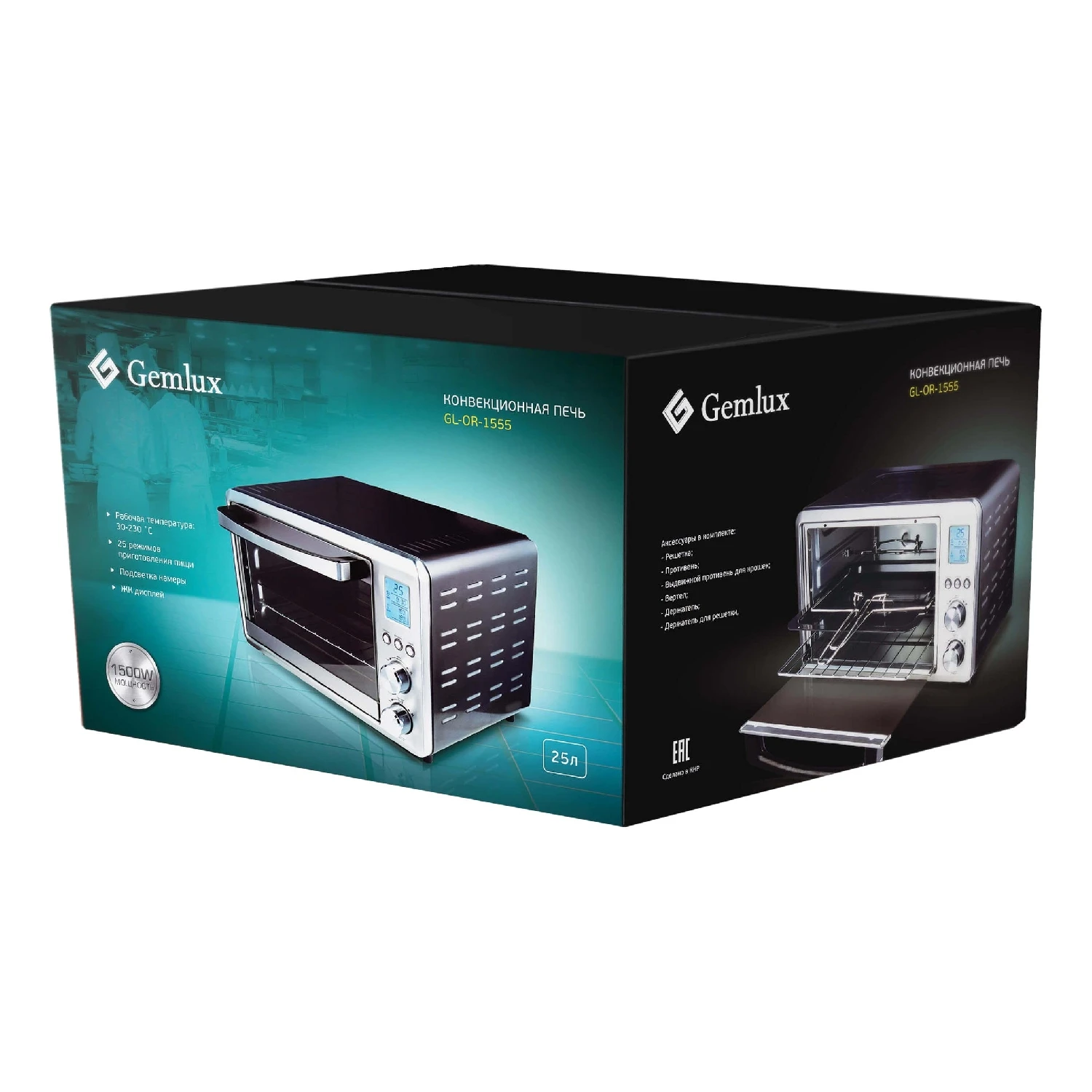 Мини печь GEMLUX GL OR 1555 (Мощность 1500 Вт объем духовки 25 л 2 нагревательных элемента