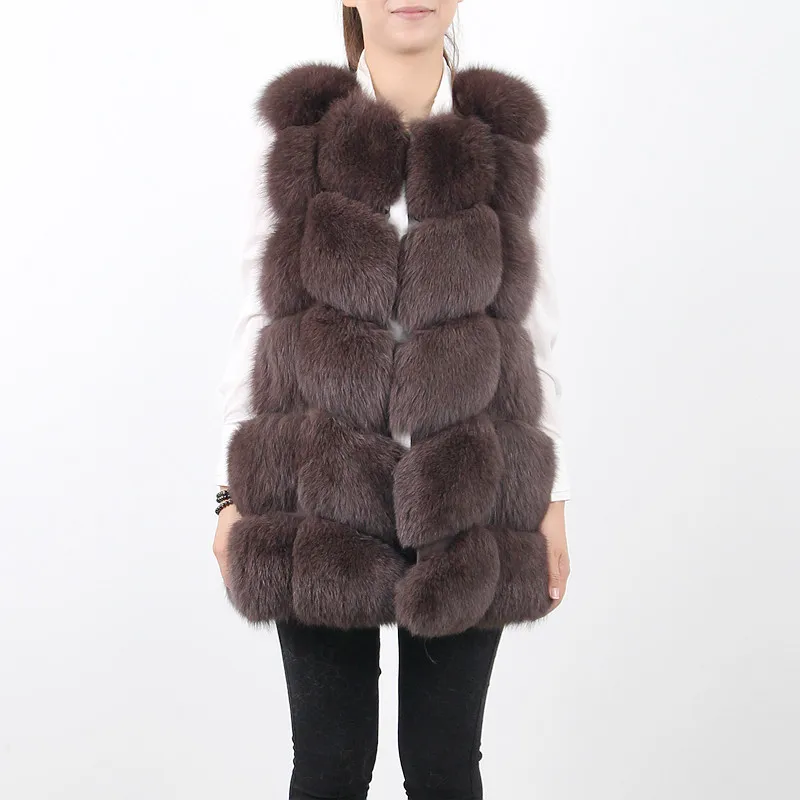 brown QIUCHEN PJ8046 натуральный Лисий мех женский зимний жилет толстый 70 см длинный жилет с круглым вырезом женский модный жилет высокое качество натуральный мех жилет Горячая Распродажа - Цвет: brown