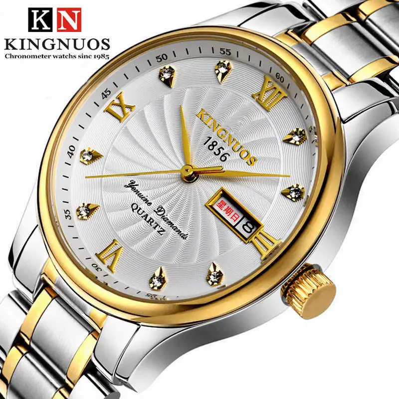 

Men Gold Watch Stainless Steel Wristwatch Black KINGNUOS Man Brand Quartz Clock Waterproof Calendar Week For Male Watches XF1425
