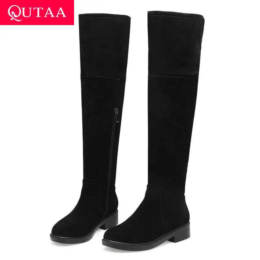 QUTAA/ г. Женские ботфорты высокого качества обувь на низком каблуке с круглым носком удобные высокие сапоги из коровьей кожи на молнии размеры 34-39