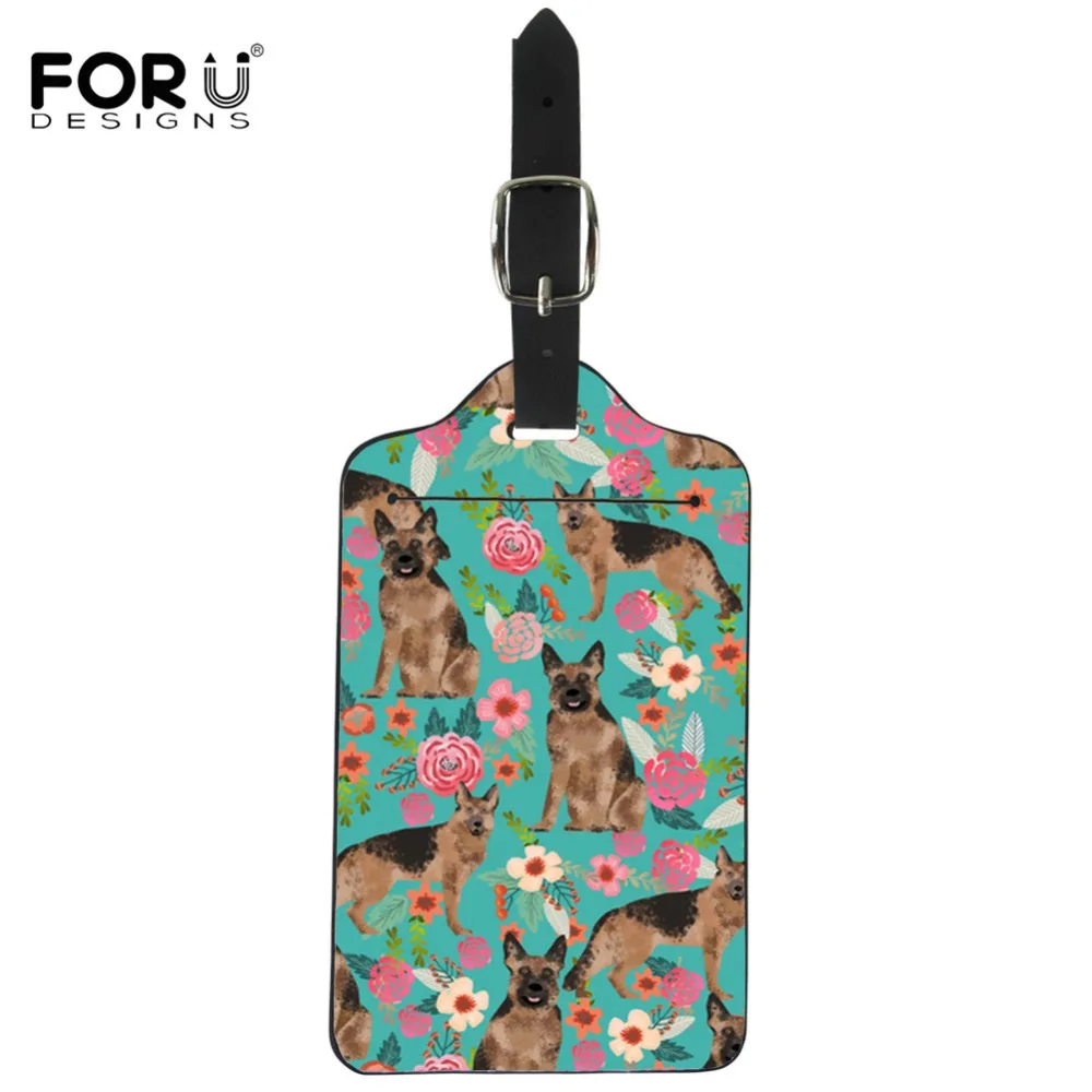 

FORUDESIGNS German Shepherd Floral Printing Luggage Tag Men Leather ID Address Holder Portable Label Cute Travel Accessories